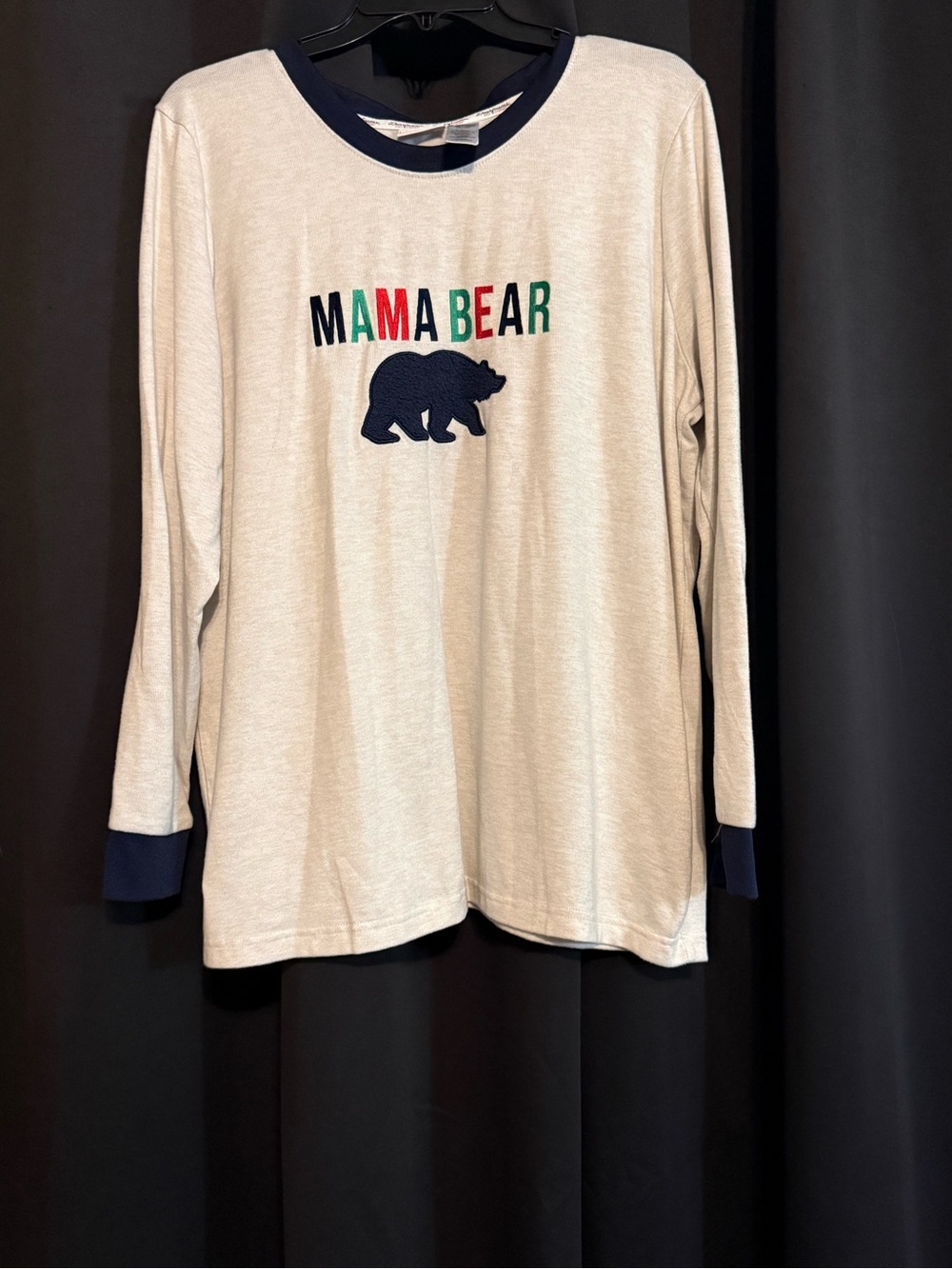 dearfoams Cream Long-Sleeve Tee with Navy Trim and Bear Graphic
